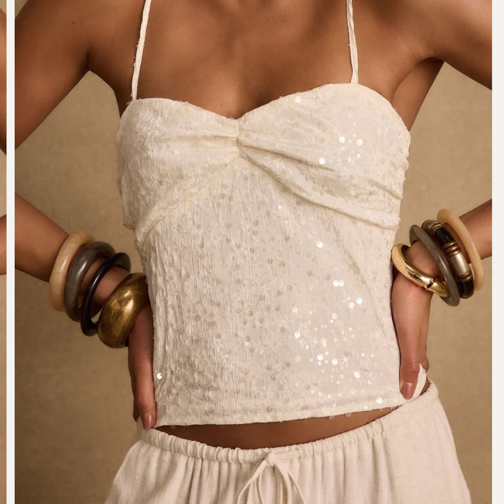 NWT Free People x 12th Tribe Silvia Ivory Sequin Bridal Vacation Tie Back Top